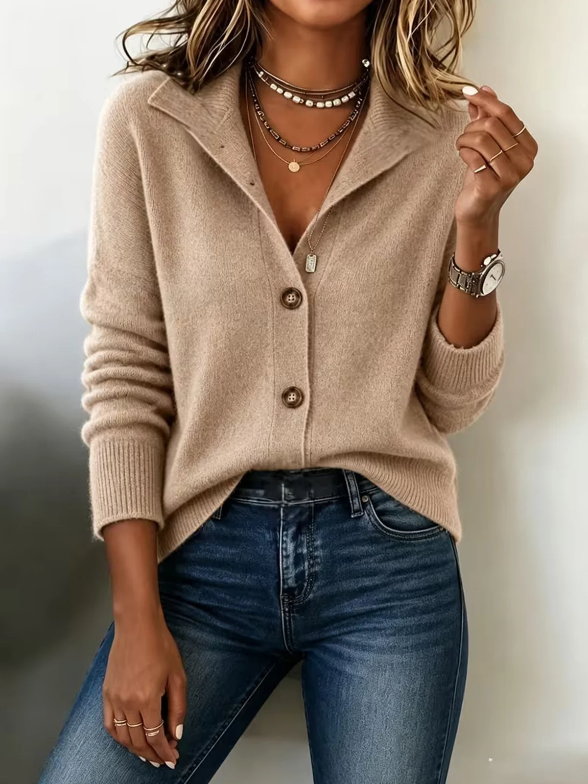 New Style Retro Women's Solid Color Stand Collar Cardigan, Casual Loose Fit, Versatile… — image 2