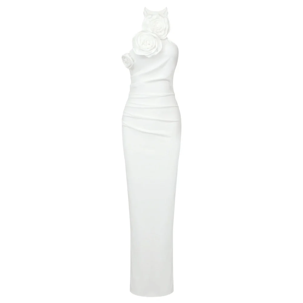 New Style White Ribbon Flower Halter Long High Sense Dress — image 1