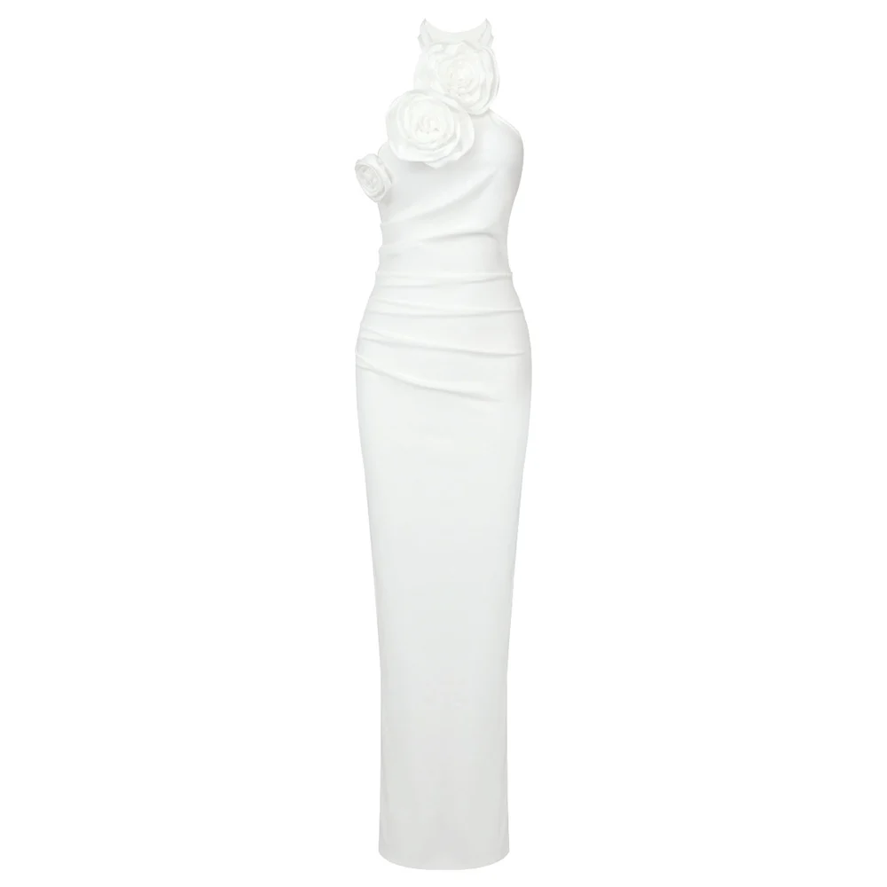 New Style White Ribbon Flower Halter Long High Sense Dress — image 5