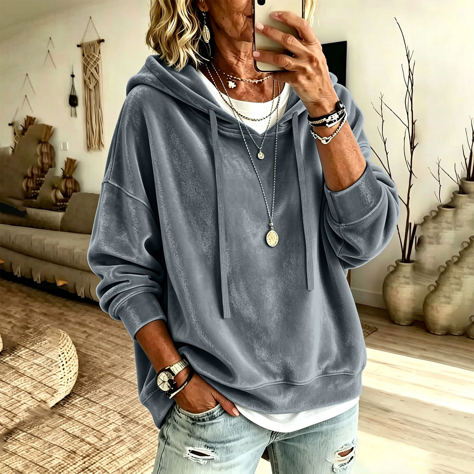 New Style Women's Clothing Casual Solid Color Hooded Drawstring Long Sleeved Shirt… — image 7