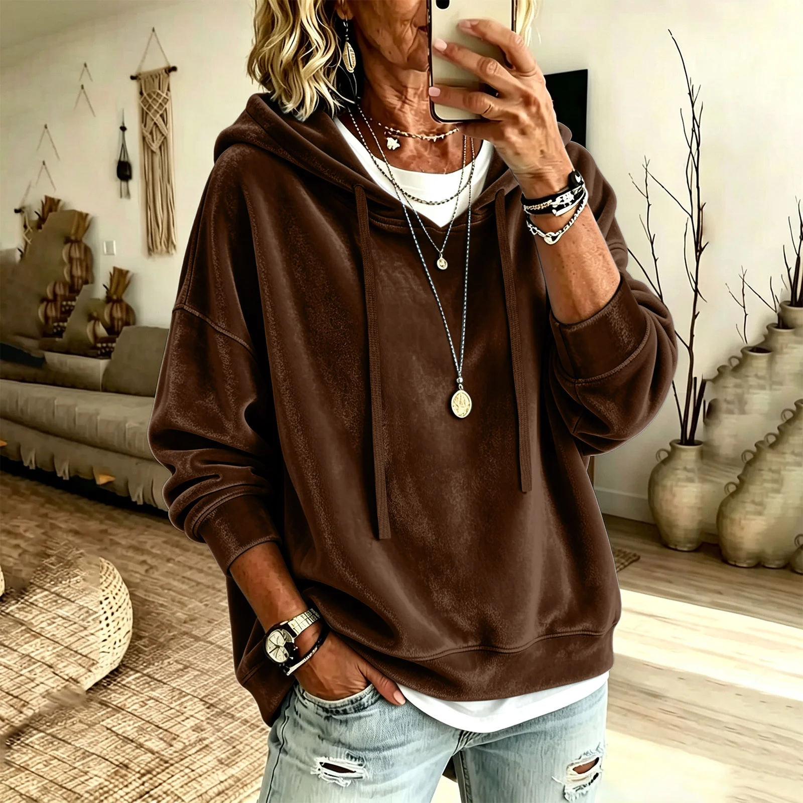 New Style Women's Clothing Casual Solid Color Hooded Drawstring Long Sleeved Shirt… — image 9
