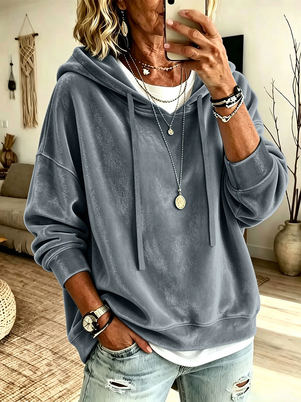 New Style Women's Clothing Casual Solid Color Hooded Drawstring Long Sleeved Shirt… — image 6