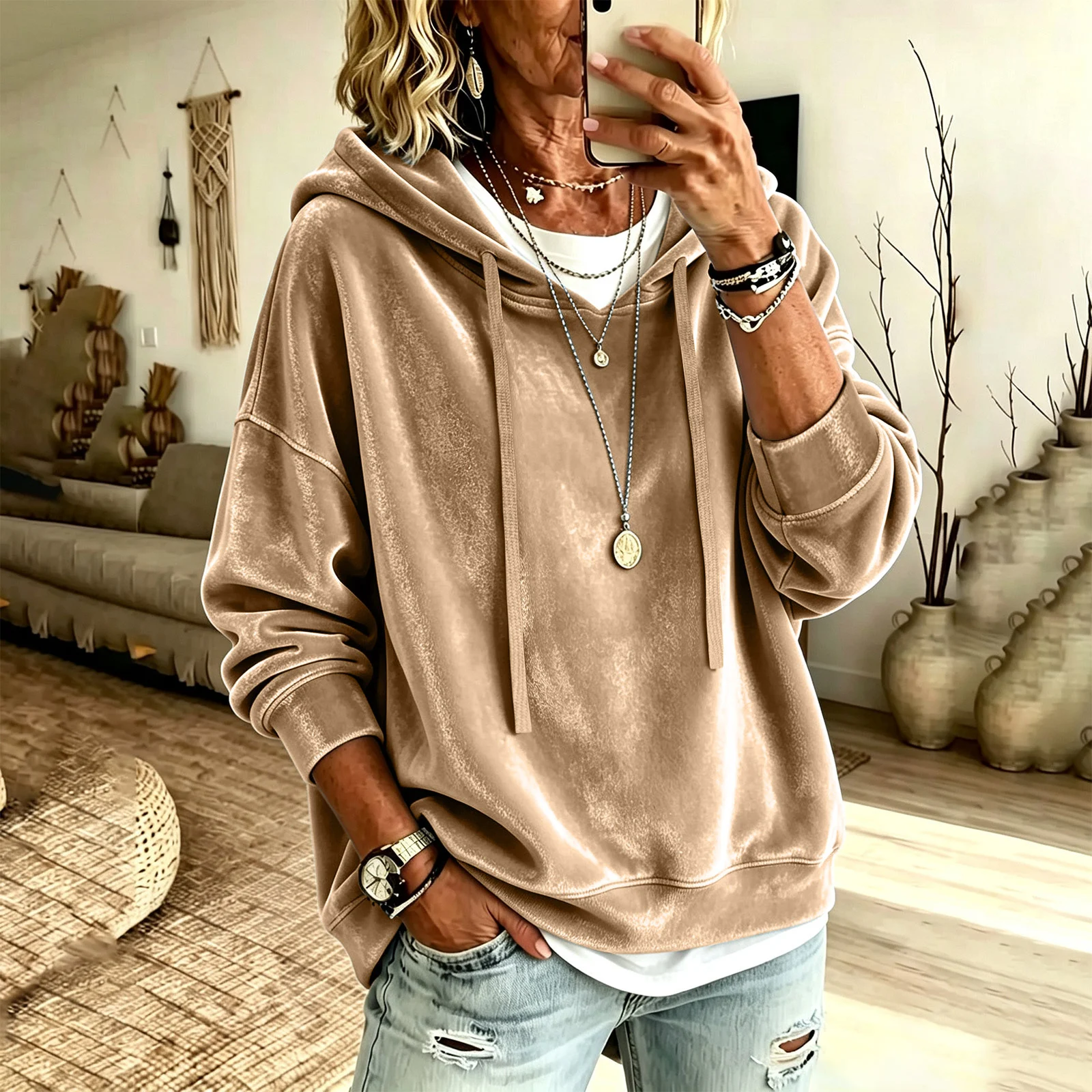 New Style Women's Clothing Casual Solid Color Hooded Drawstring Long Sleeved Shirt… — image 10