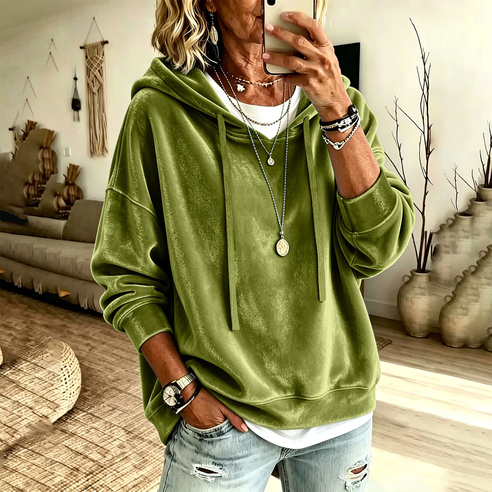 New Style Women's Clothing Casual Solid Color Hooded Drawstring Long Sleeved Shirt… — image 3