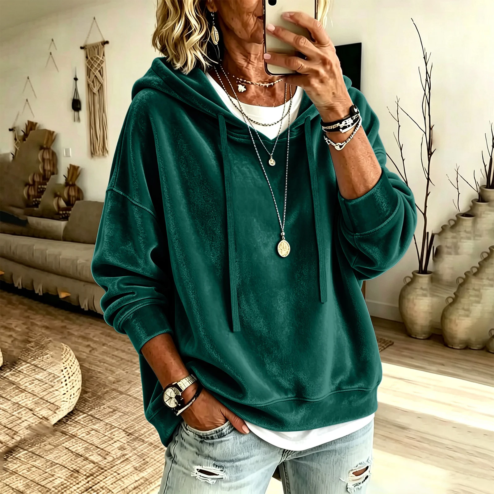 New Style Women's Clothing Casual Solid Color Hooded Drawstring Long Sleeved Shirt… — image 8