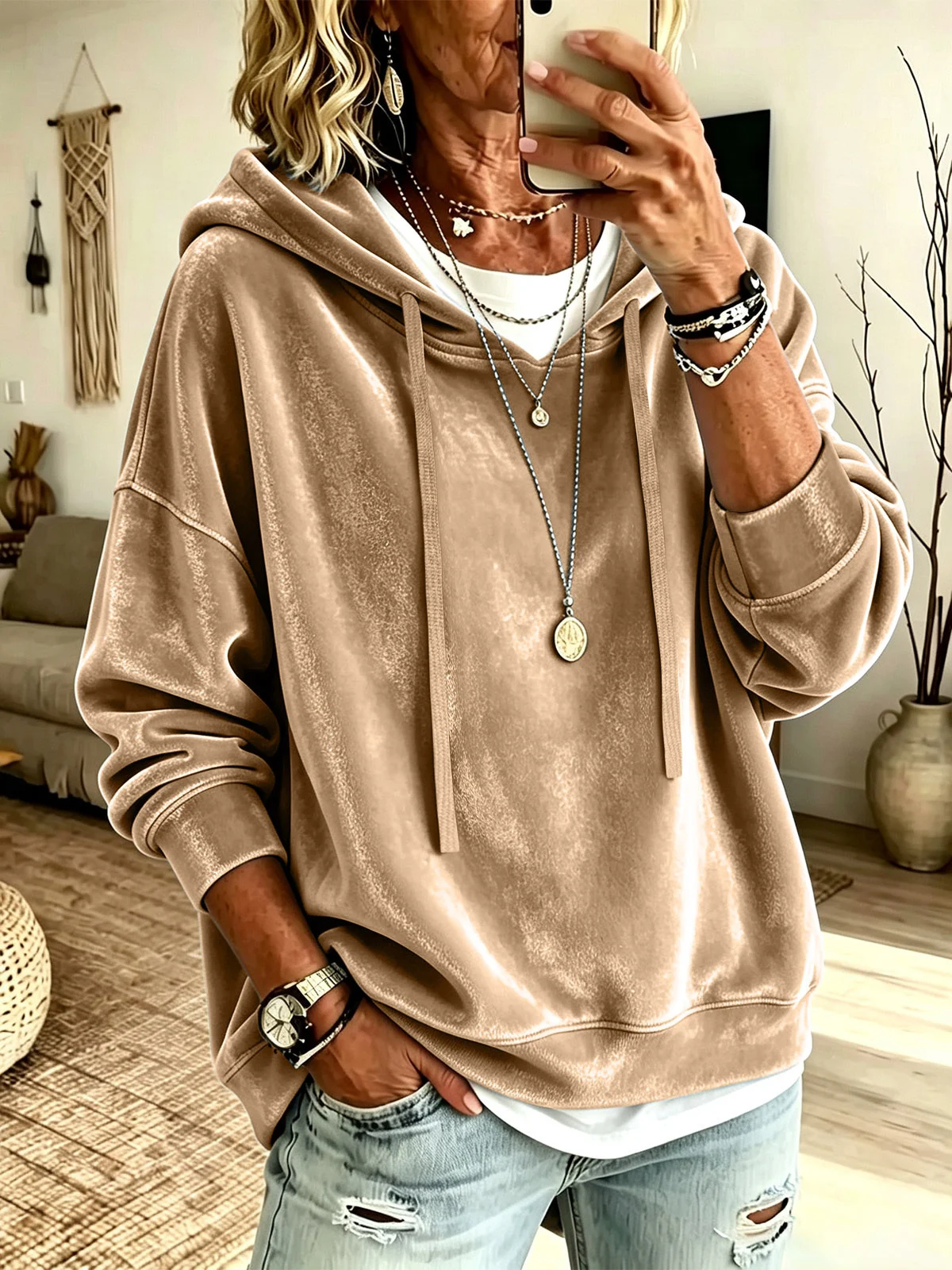 New Style Women's Clothing Casual Solid Color Hooded Drawstring Long Sleeved Shirt… — image 4