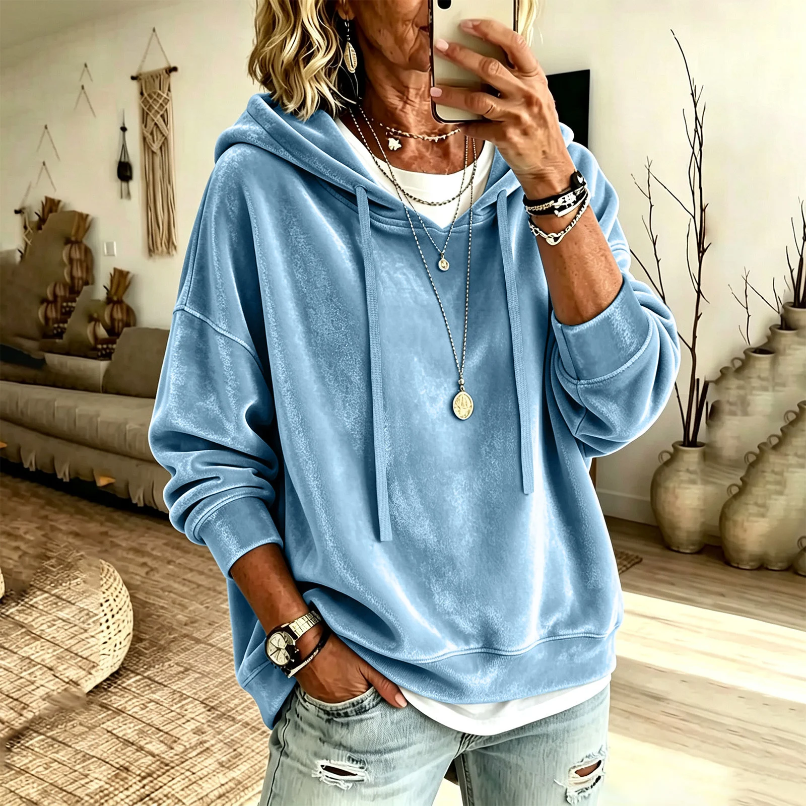 New Style Women's Clothing Casual Solid Color Hooded Drawstring Long Sleeved Shirt… — image 11