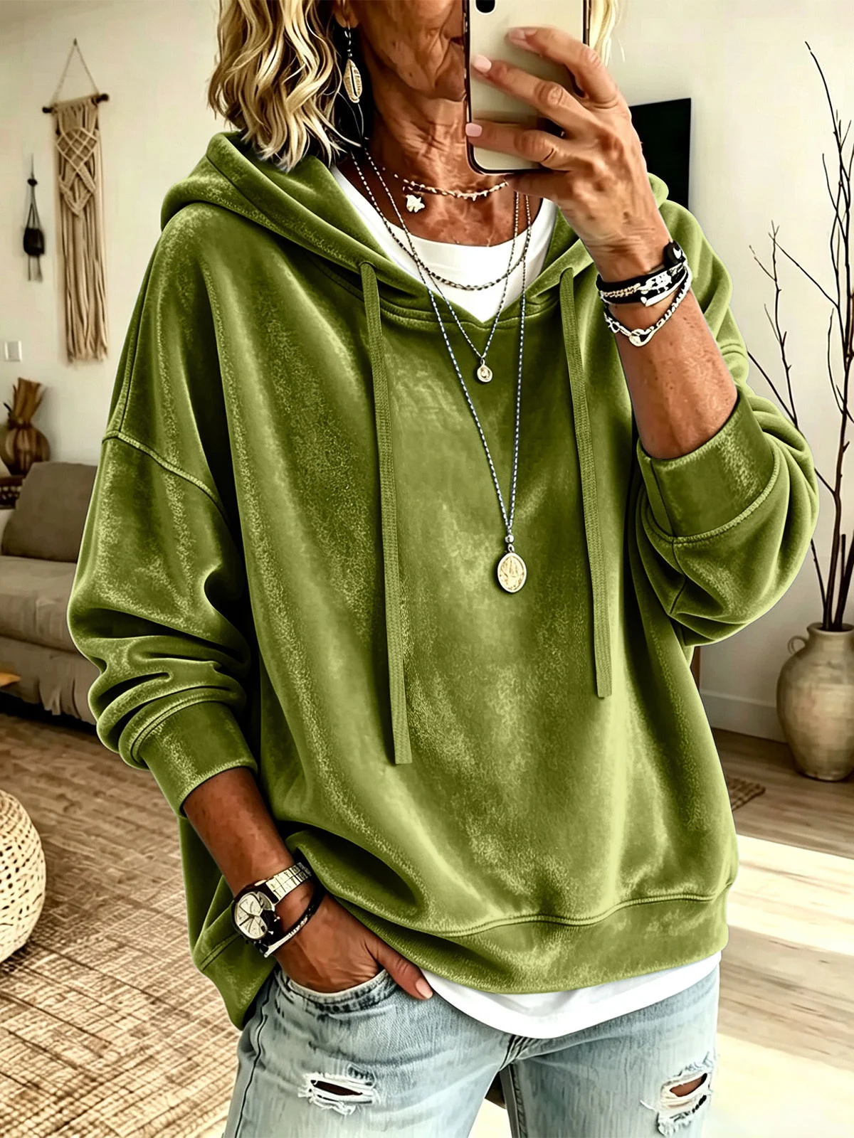 New Style Women's Clothing Casual Solid Color Hooded Drawstring Long Sleeved Shirt… — image 2