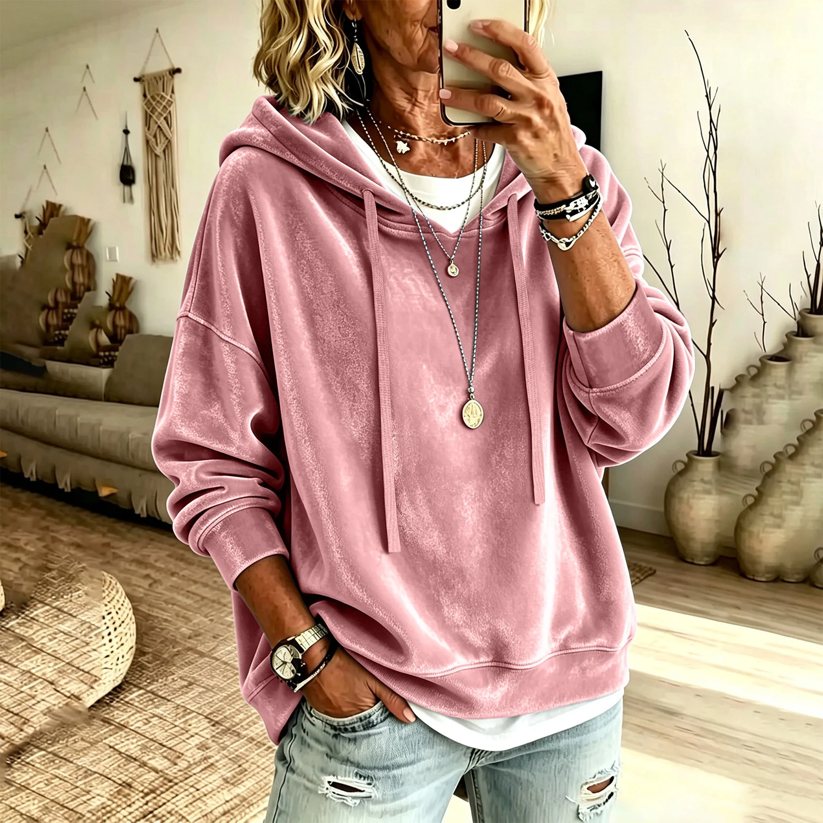 New Style Women's Clothing Casual Solid Color Hooded Drawstring Long Sleeved Shirt… — image 12