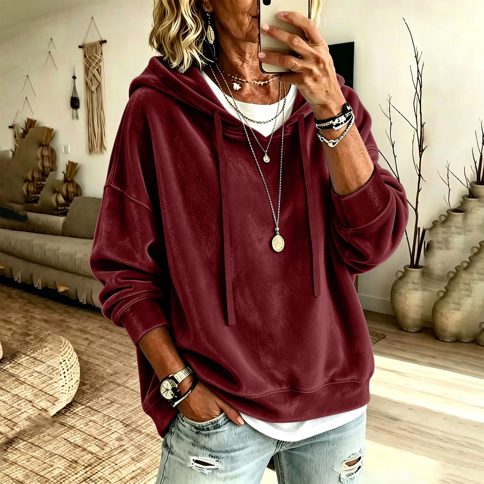 New Style Women's Clothing Casual Solid Color Hooded Drawstring Long Sleeved Shirt… — image 13
