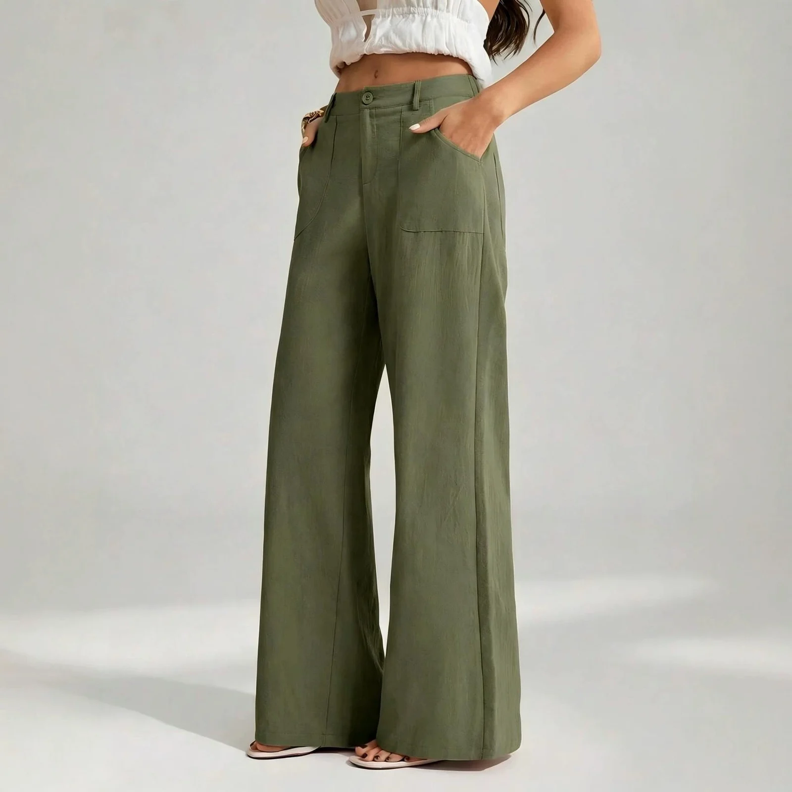 New Style Women's Cotton Linen Wide Leg Pants, Mid Rise, Casual And Commuter Style,… — image 8