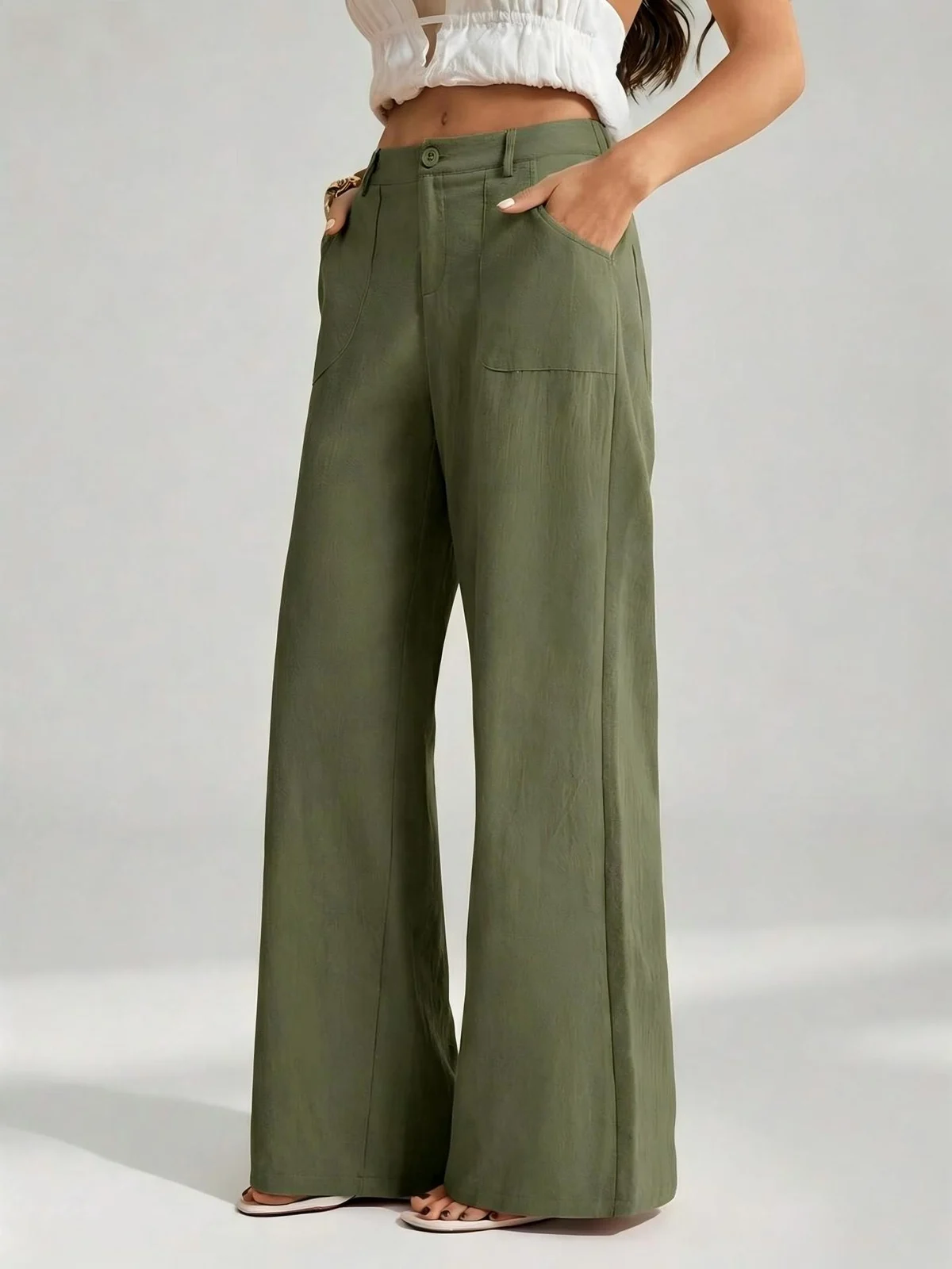New Style Women's Cotton Linen Wide Leg Pants, Mid Rise, Casual And Commuter Style,… — image 2