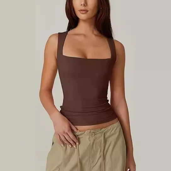 New Summer Women's Square Collar Sleeveless Double Layer Vest Basic Tight T-shirt Black — image 3