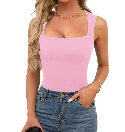 New Summer Women's Square Collar Sleeveless Double Layer Vest Basic Tight T-shirt Black — image 1
