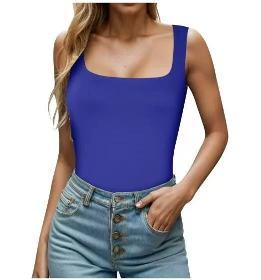 New Summer Women's Square Collar Sleeveless Double Layer Vest Basic Tight T-shirt Black — image 16