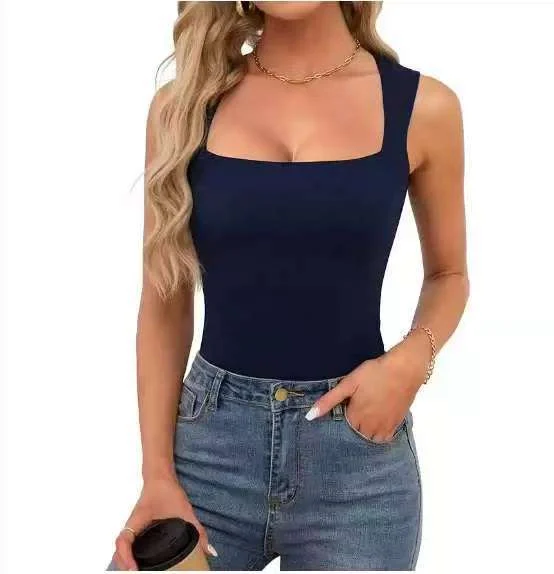 New Summer Women's Square Collar Sleeveless Double Layer Vest Basic Tight T-shirt Black — image 6