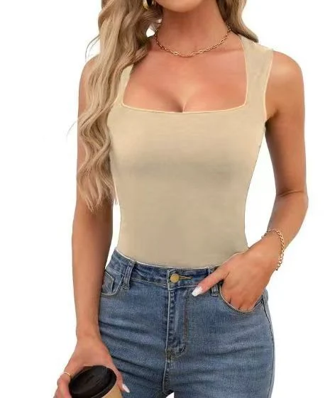 New Summer Women's Square Collar Sleeveless Double Layer Vest Basic Tight T-shirt Black — image 14
