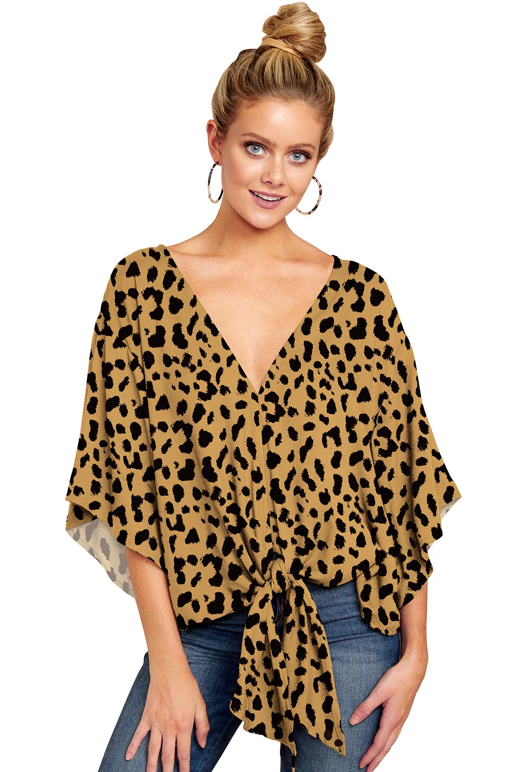 New V Neck Blouse Women Leopard Print Shirts Floral Tie Front Blouses Batwing Summer… — image 4