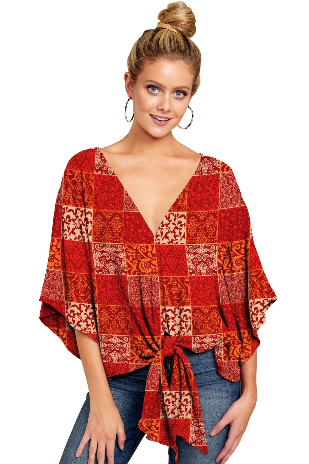 New V Neck Blouse Women Leopard Print Shirts Floral Tie Front Blouses Batwing Summer… — image 7