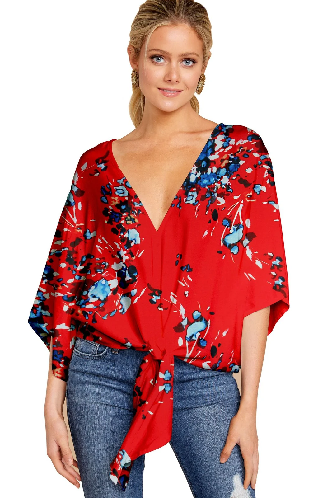 New V Neck Blouse Women Leopard Print Shirts Floral Tie Front Blouses Batwing Summer… — image 5