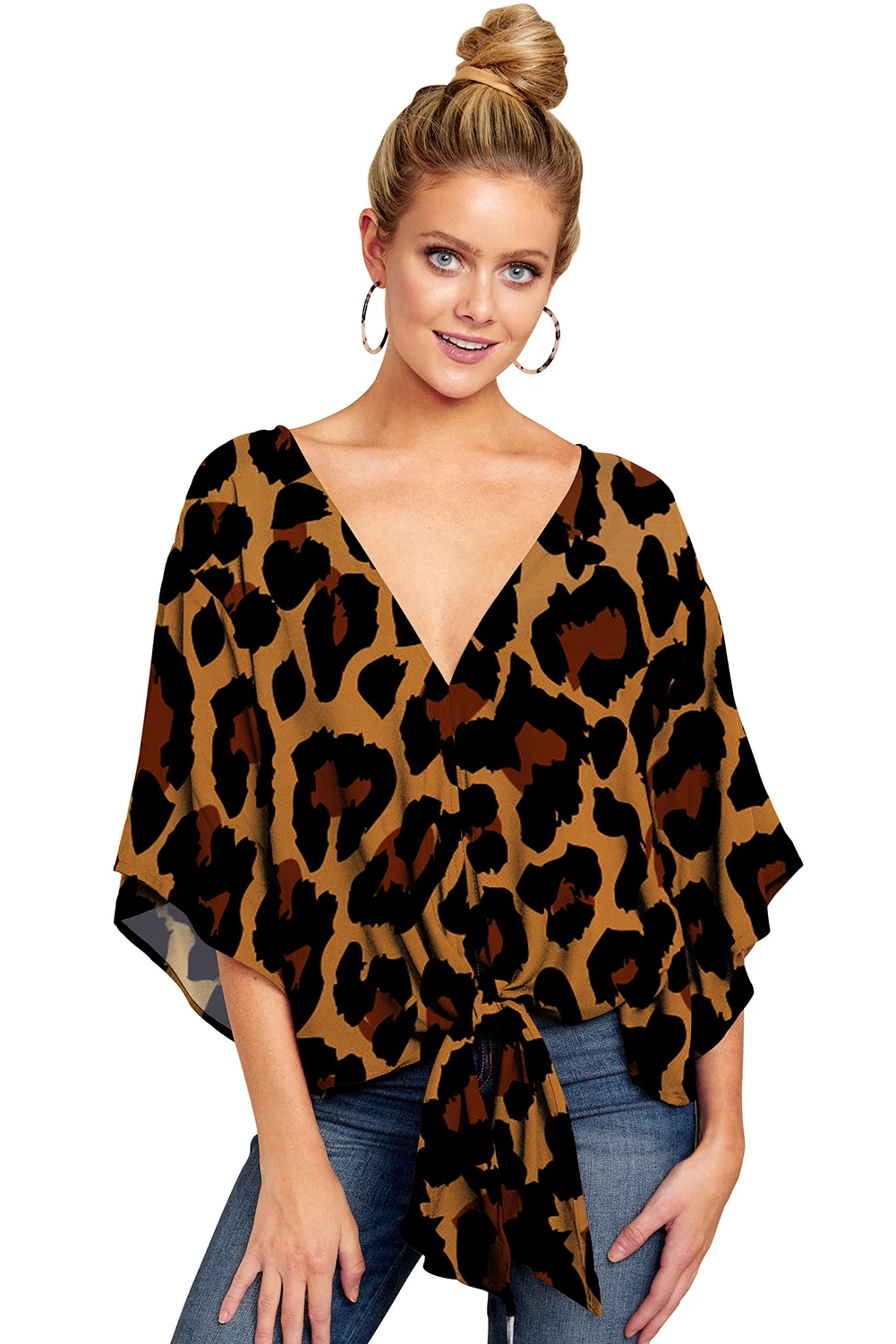New V Neck Blouse Women Leopard Print Shirts Floral Tie Front Blouses Batwing Summer… — image 10