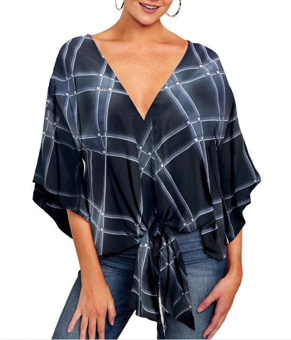 New V Neck Blouse Women Leopard Print Shirts Floral Tie Front Blouses Batwing Summer… — image 3