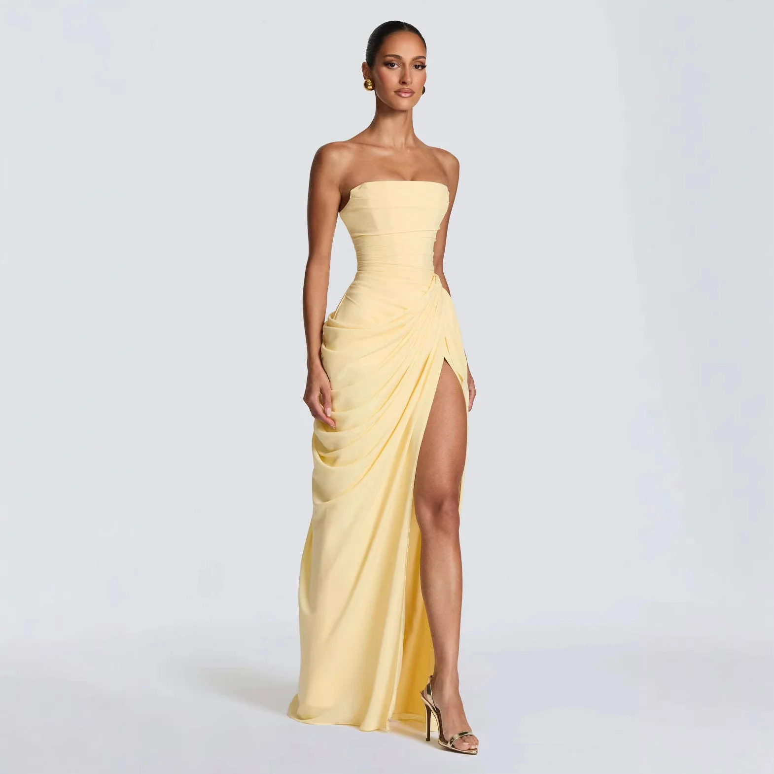 New Women's One Neck Strapless Solid Color Slit Fashionable And Sexy Backless Evening Gown — image 9