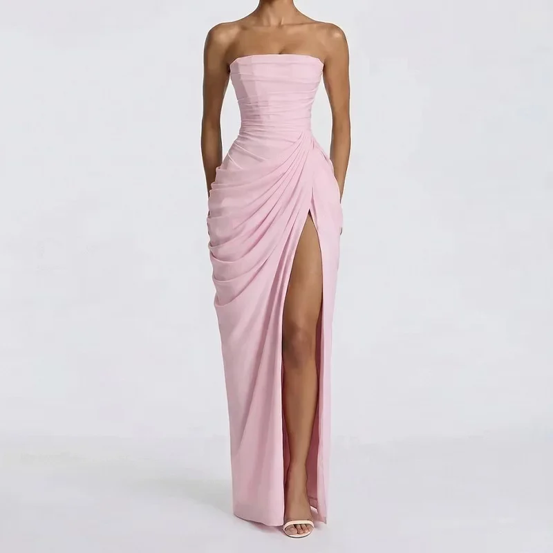 New Women's One Neck Strapless Solid Color Slit Fashionable And Sexy Backless Evening Gown — image 5
