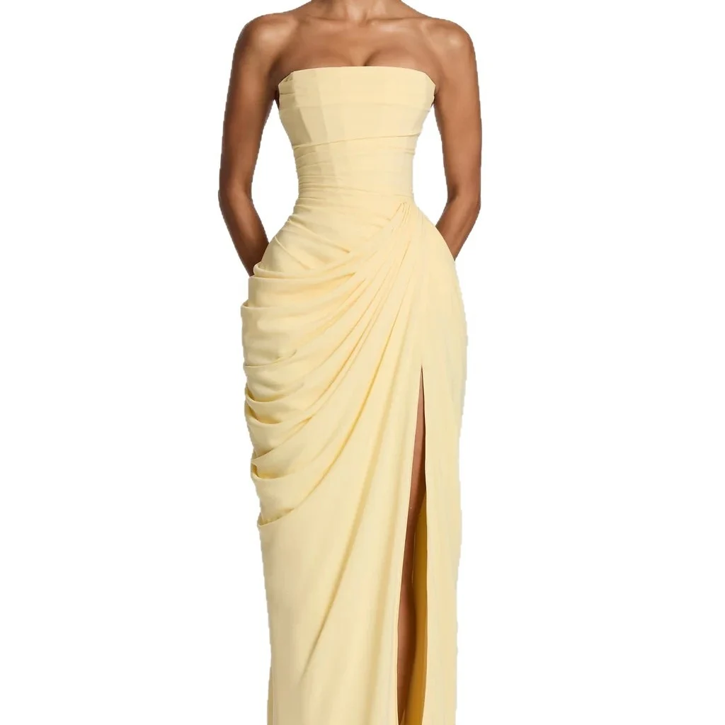 New Women's One Neck Strapless Solid Color Slit Fashionable And Sexy Backless Evening Gown — image 8