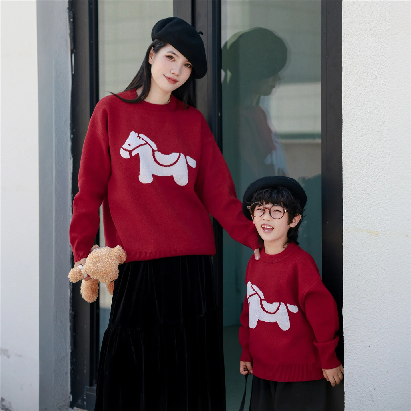 New Years Day Family Matching Sweater Red With A Little Horse Pattern For Mother And… — image 3