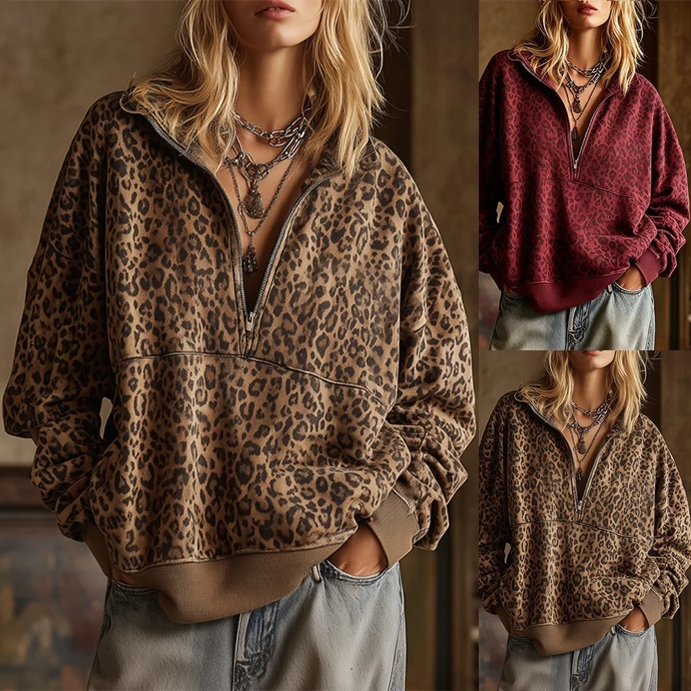 Newarrivalfall Winter Hotsellingleopard Print Zipup Versatile Casual Womens Hoodie — image 3