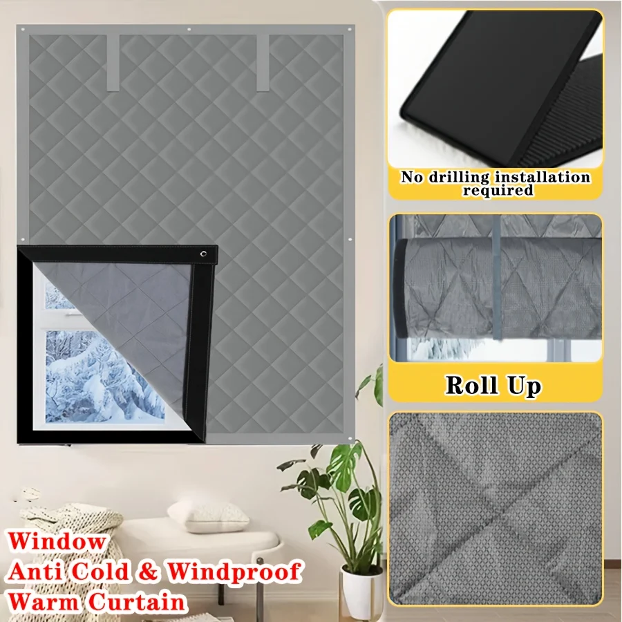 No Drill Thick Quilted Window Thermal Curtain, Wind Cold Insulation Foldable Roll Up… — image 14