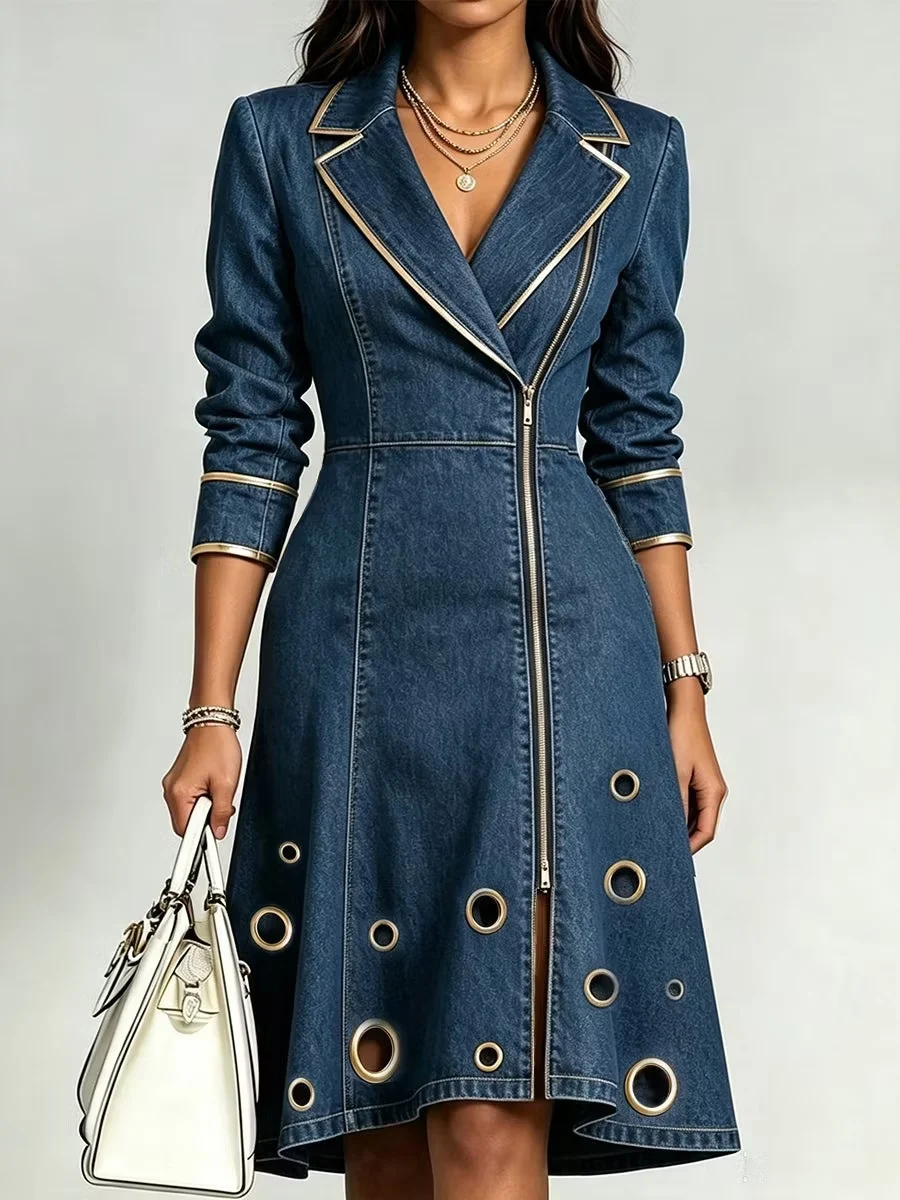 Notch-collar Long-sleeve Denim Swing Dress For Women — image 1