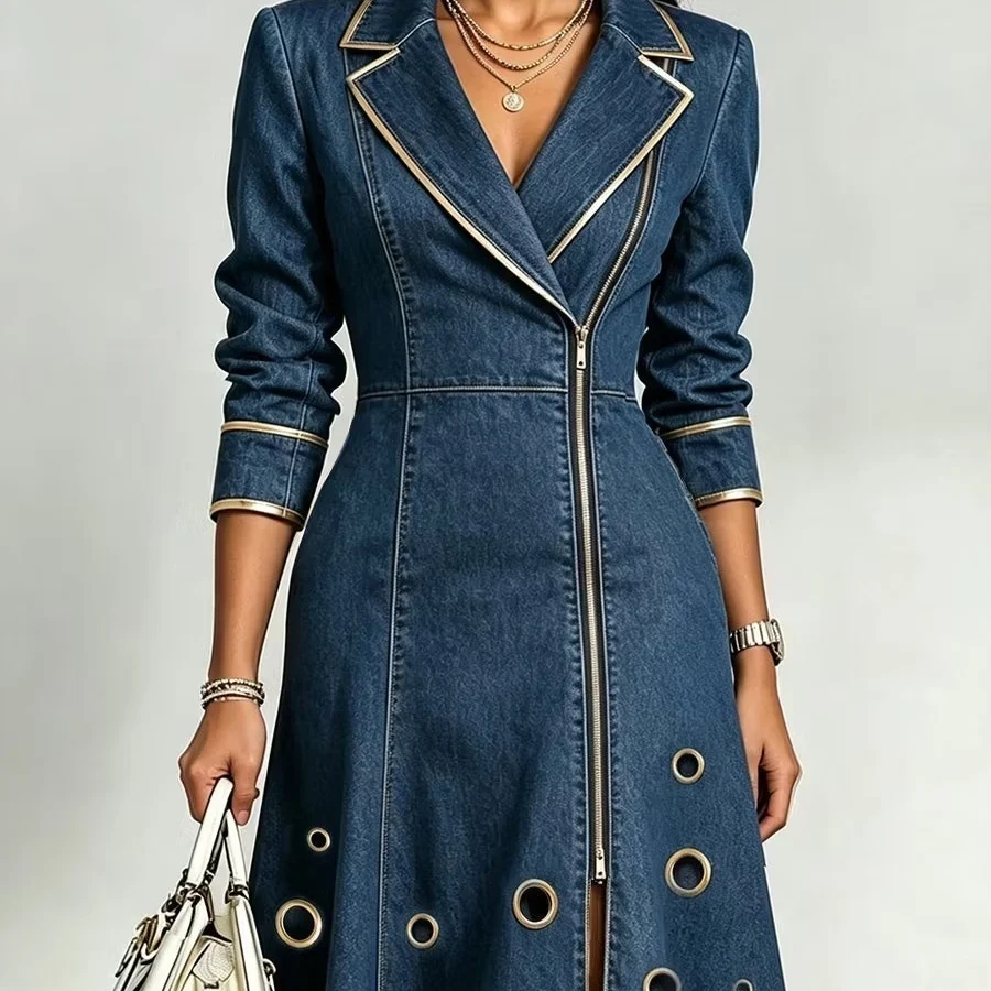 Notch-collar Long-sleeve Denim Swing Dress For Women — image 2