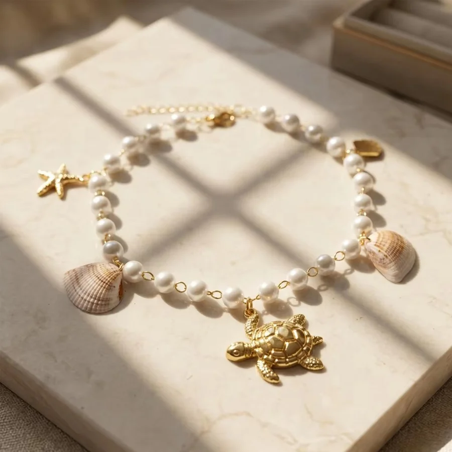 Ocean Beach Theme Anklet Stainless Steel Gold Tone Artificial Pearl Chain Turtle… — image 4