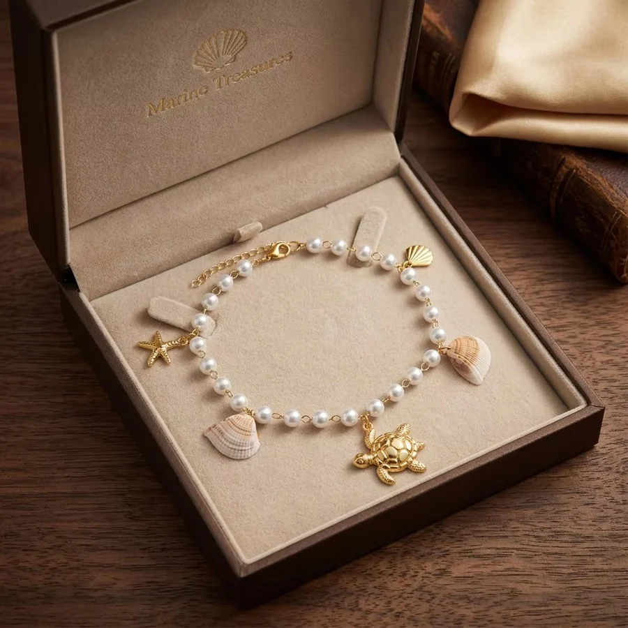 Ocean Beach Theme Anklet Stainless Steel Gold Tone Artificial Pearl Chain Turtle… — image 5