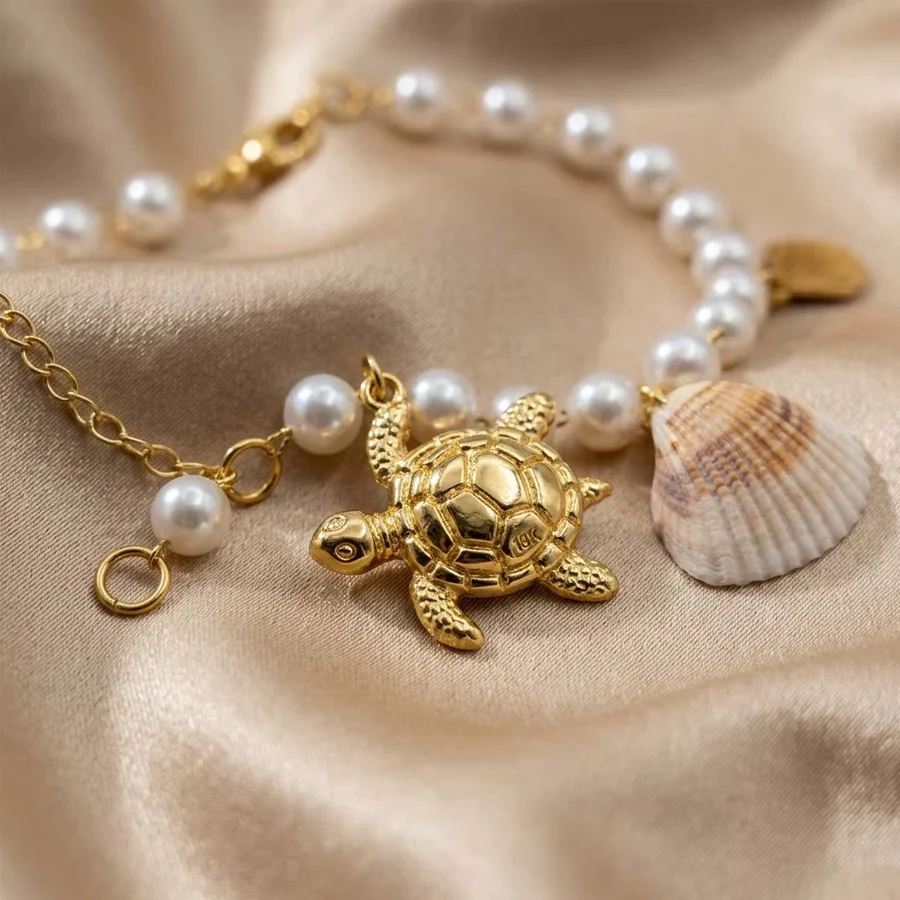 Ocean Beach Theme Anklet Stainless Steel Gold Tone Artificial Pearl Chain Turtle… — image 6