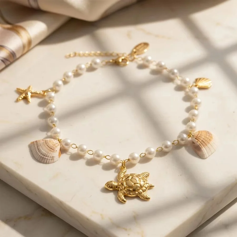 Ocean Beach Theme Anklet Stainless Steel Gold Tone Artificial Pearl Chain Turtle… — image 3