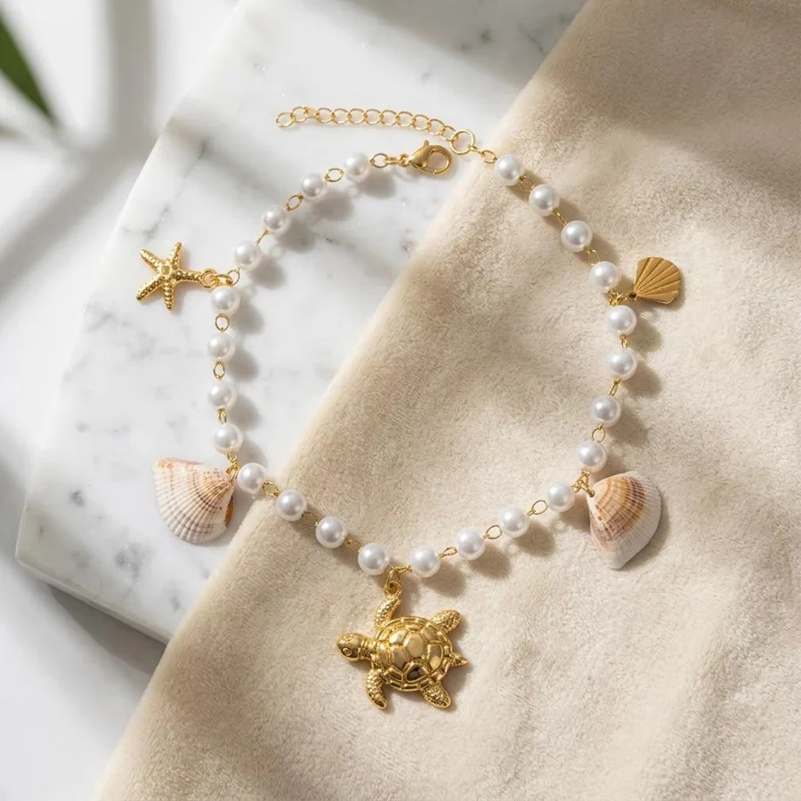 Ocean Beach Theme Anklet Stainless Steel Gold Tone Artificial Pearl Chain Turtle… — image 2