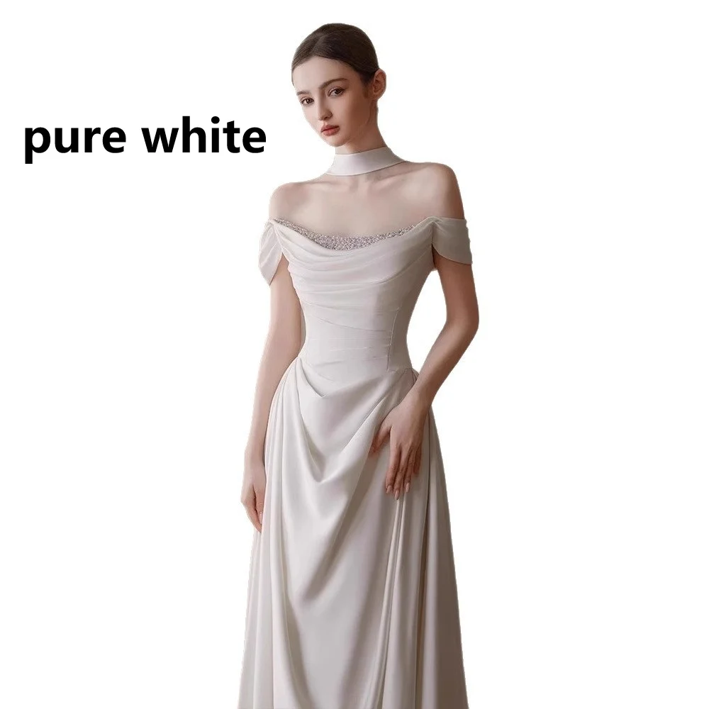 Off-the-shoulder Pleated Waist-cinching French Satin Light Wedding Dress — image 4