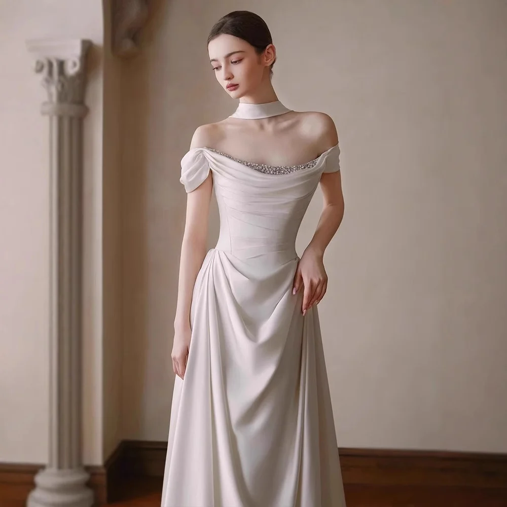 Off-the-shoulder Pleated Waist-cinching French Satin Light Wedding Dress — image 2
