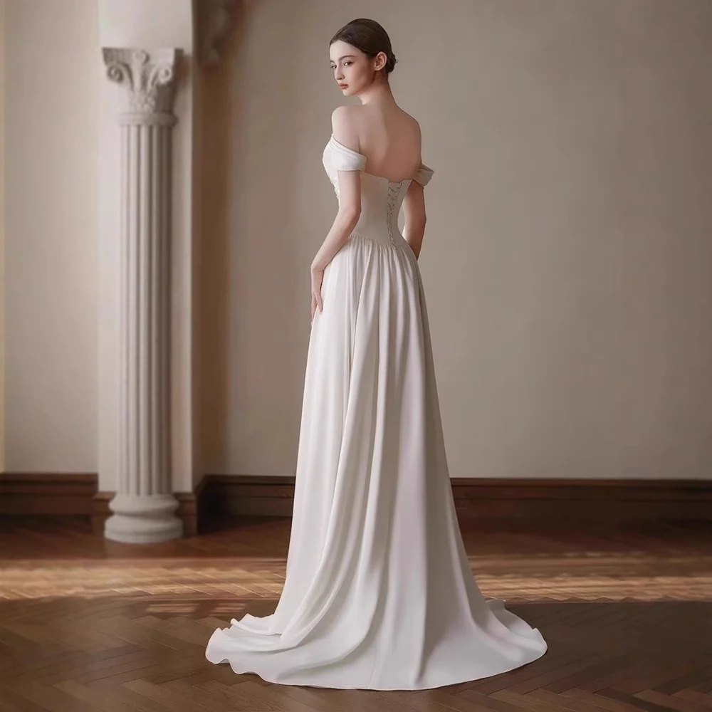 Off-the-shoulder Pleated Waist-cinching French Satin Light Wedding Dress — image 6