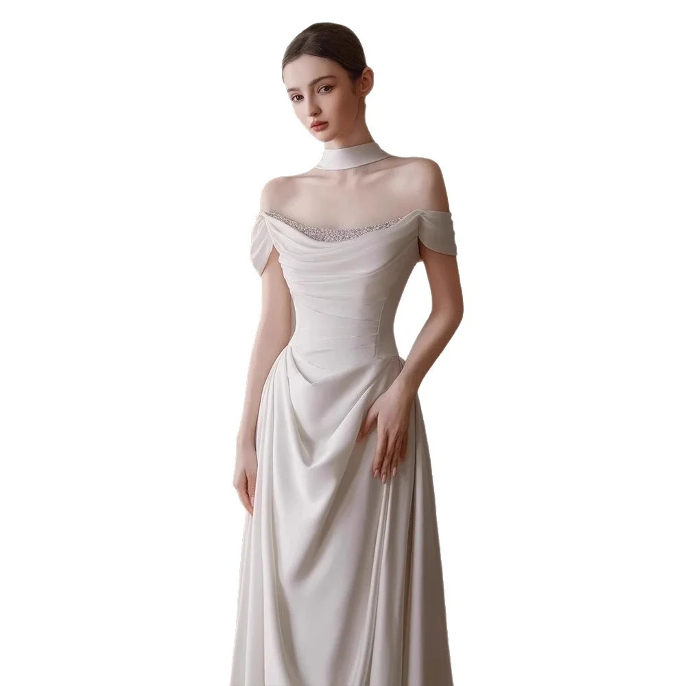 Off-the-shoulder Pleated Waist-cinching French Satin Light Wedding Dress — image 5