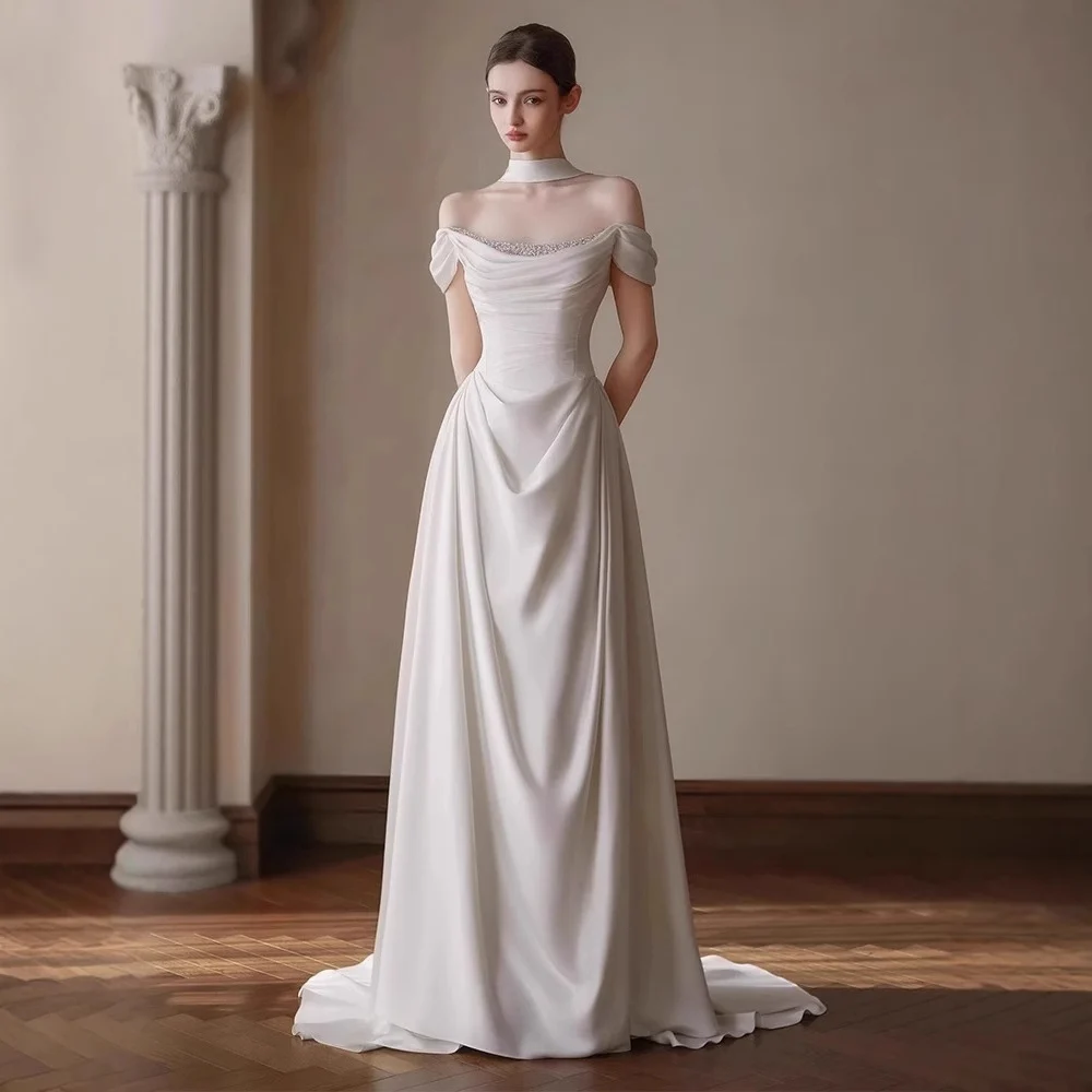 Off-the-shoulder Pleated Waist-cinching French Satin Light Wedding Dress — image 1