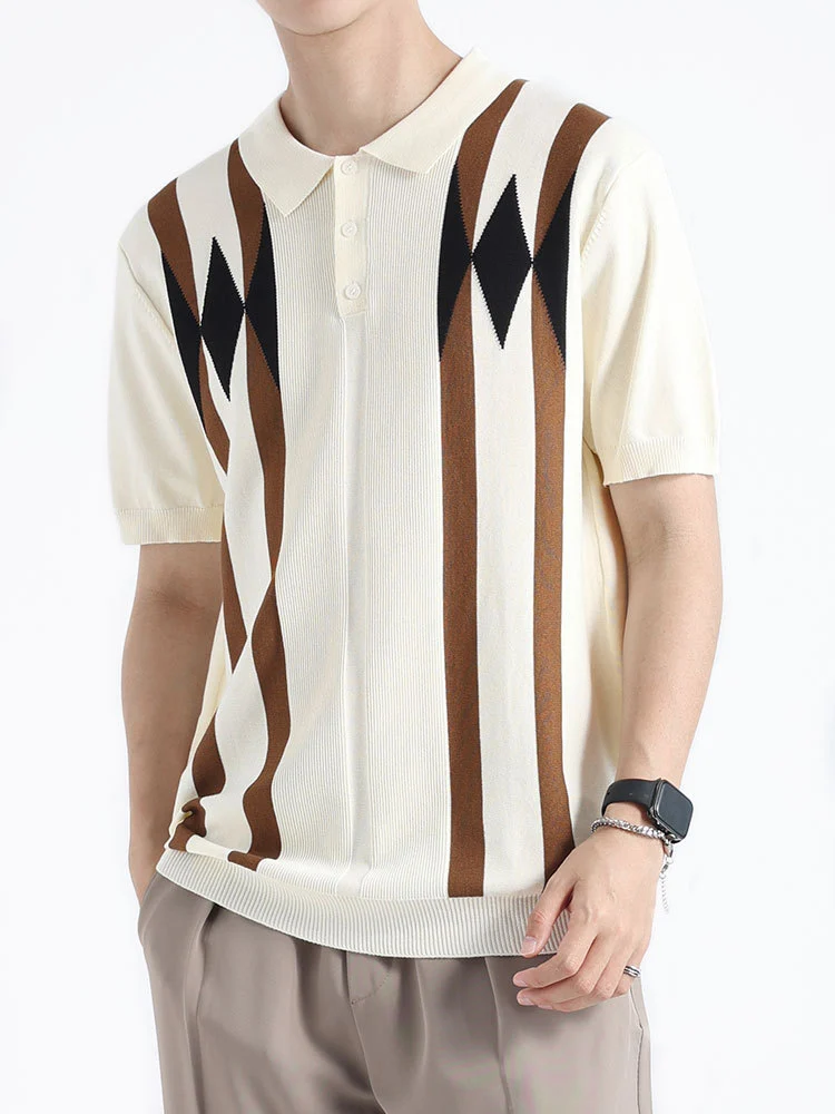 Old Money Style Men's Diamond-patterned Ice Silk Knit Polo Shirt, Color-blocking… — image 4