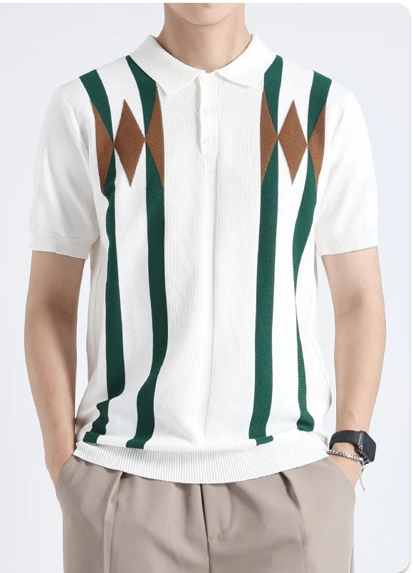 Old Money Style Men's Diamond-patterned Ice Silk Knit Polo Shirt, Color-blocking… — image 1