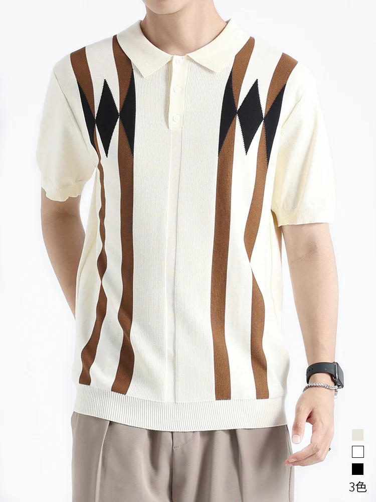 Old Money Style Men's Diamond-patterned Ice Silk Knit Polo Shirt, Color-blocking… — image 3