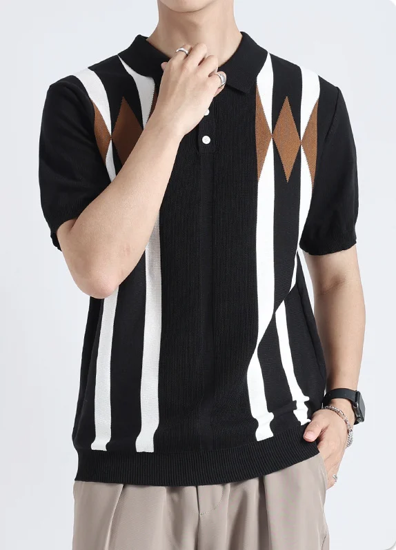 Old Money Style Men's Diamond-patterned Ice Silk Knit Polo Shirt, Color-blocking… — image 5