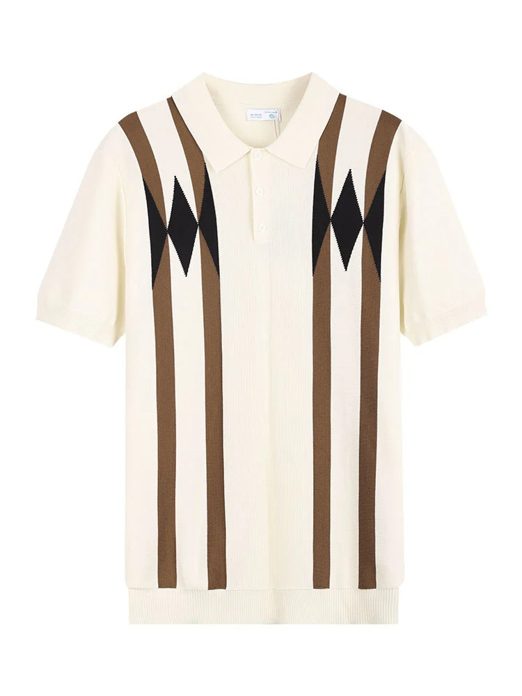 Old Money Style Men's Diamond-patterned Ice Silk Knit Polo Shirt, Color-blocking… — image 2