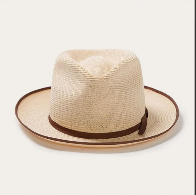 Olive Green Rolled-brim Straw Hat With Bow For Sun Protection Artistic Style Men And Women — image 1